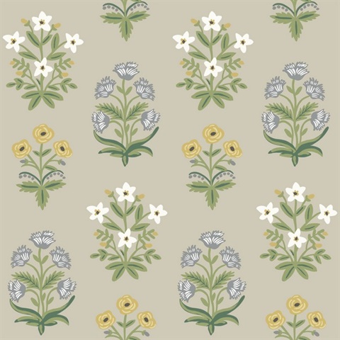 Taupe & Purple Mughal Rose Floral Block Print Wallpaper