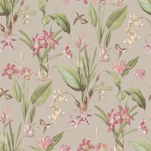 Taupe & Rasberry Cottage Illustrated Botanical Floral & Hummingbird Wa