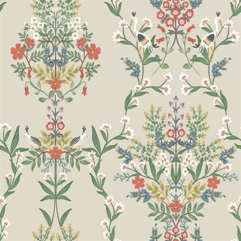Taupe & Red Luxembourg Greenery Floral Bird Wallpaper