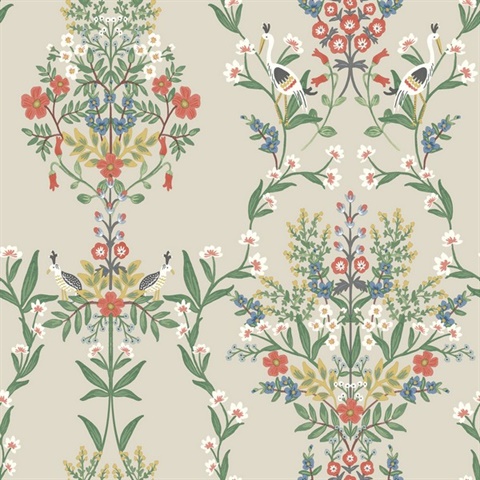 Taupe & Red Luxembourg Greenery Floral Bird Wallpaper