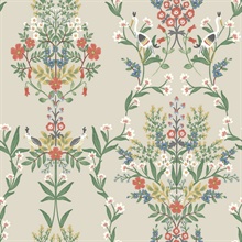 Taupe &amp; Red Luxembourg Greenery Floral Bird Wallpaper