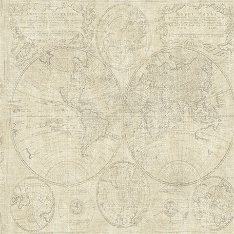Taupe Vintage World Map Wallpaper
