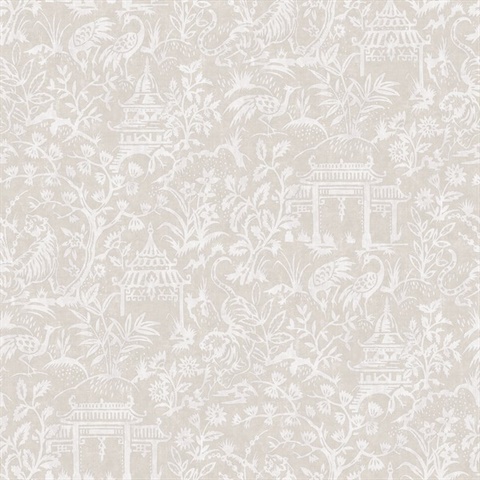 Taupe Weathered Garden Tiger & Crane Toile Wallpaper