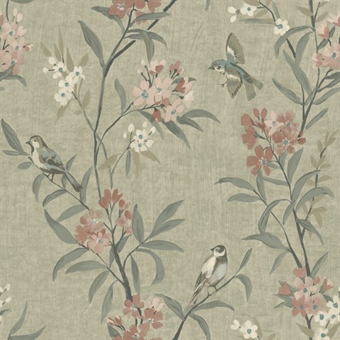 Tea Olive Green Finch Frolic Wallpaper