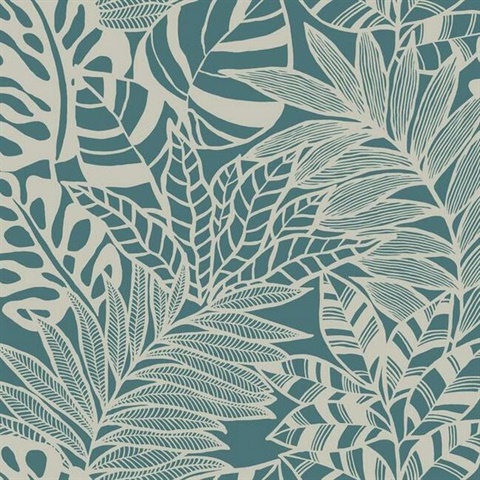 Teal Jungle Leaves Wallpaper