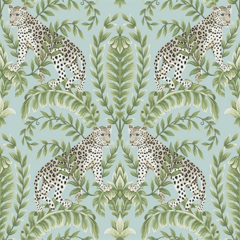 Teal Jungle Leopard & Leaf Wallpaper