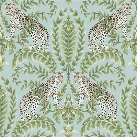 Teal Jungle Leopard & Leaf Wallpaper