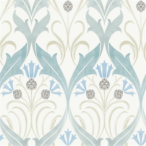 Teal Pine Cone Ribbon Damask Wallpaper