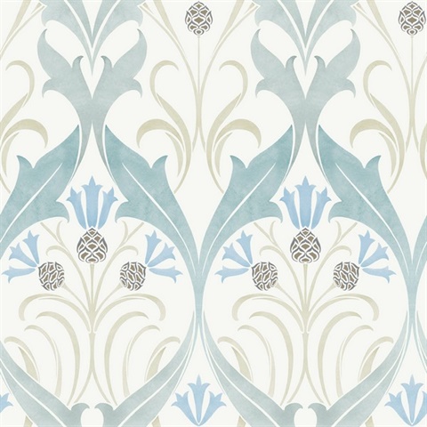 Teal Pine Cone Ribbon Damask Wallpaper