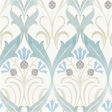 Teal Pine Cone Ribbon Damask Wallpaper