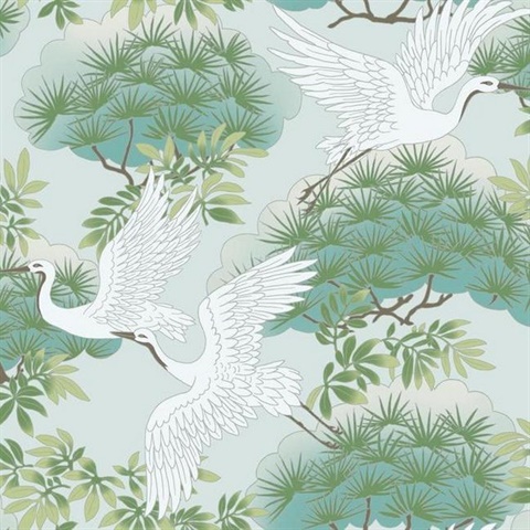 Teal Sprig &amp; Heron Wallpaper