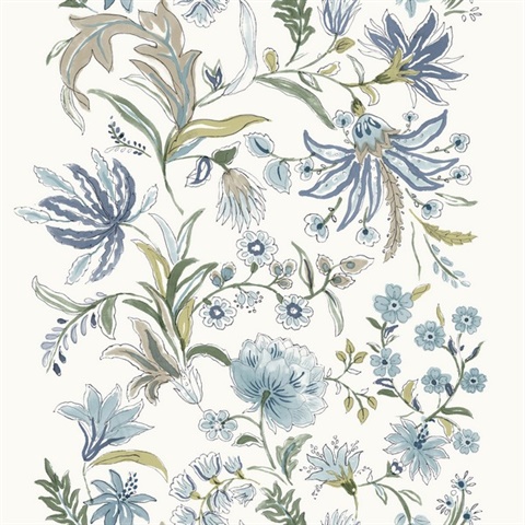 Teonna Blue Floral Stripe Wallpaper