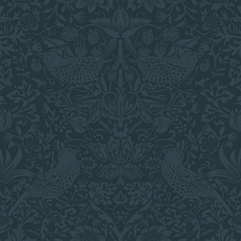 Tonal Bird Garden Botanical Slate Blue Peel and Stick Wallpaper