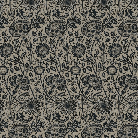 Tonal Floral Trail Leaf Damask Black  Wallpaper