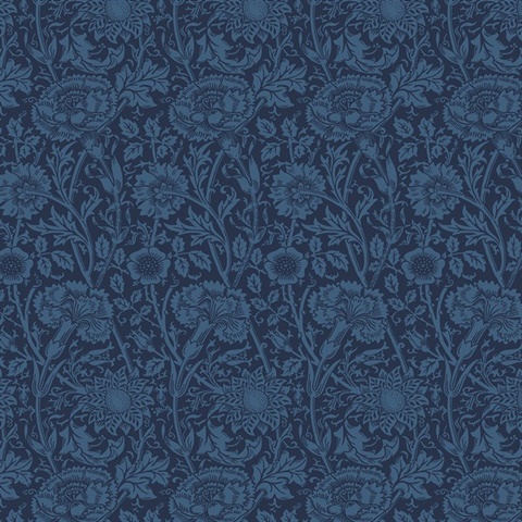Tonal Floral Trail Leaf Damask Blue Wallpaper