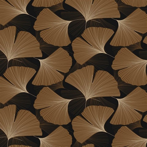 Tossed Ginkgo Leaf Botanical Ebony & Metallic Copper Peel and Stick Wa