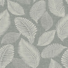 Tossed Leaves Faux Linen Texture Block Print Leaf Grey Wallpaper