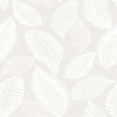 Tossed Leaves Faux Linen Texture Block Print Leaf Beige Wallpaper