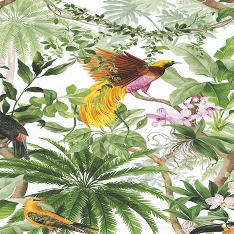 Tropical Bird Botanical White Peel and Stick Wallpaper