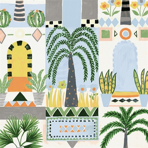 Tropical Facade Novelty Sky Blue & Off-White Peel and Stick Wallpaper