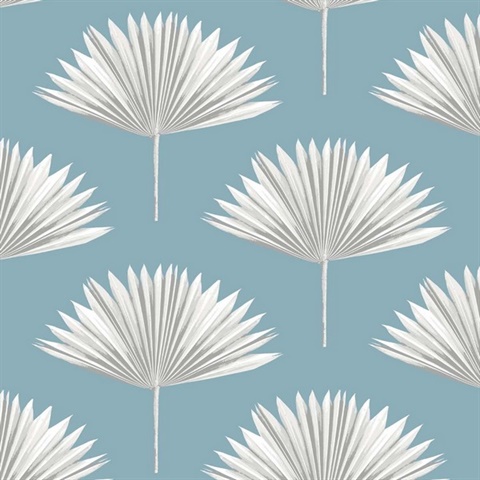 Tropical Fan Palm Botanical Blue Patina Peel and Stick Wallpaper