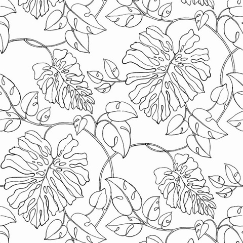 Tropical Linework Botanical Black & White Peel and Stick Wallpaper