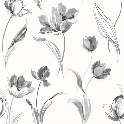 Tulip Toss Floral Black and White Peel and Stick Wallpaper