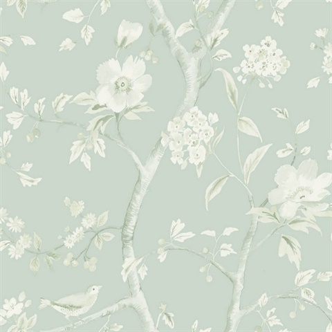 Turquoise & Cream Southport Bird On Branches Floral Trail Wallpaper
