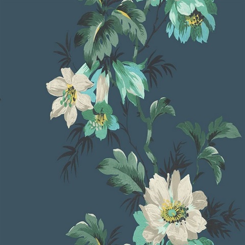 Turquoise & Green Commercial Flower Stripe Wallpaper