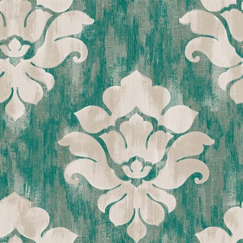 Turquoise & Grey Commercial Damask Wallpaper