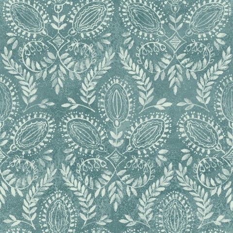 Turquoise Laurel Leaf Damask Wallpaper