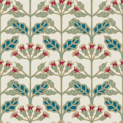 Turquoise & Red Tracery Blooms Wallpaper