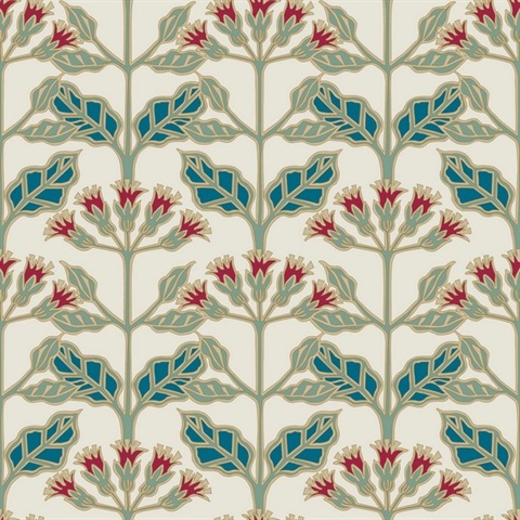 Turquoise & Red Tracery Blooms Wallpaper