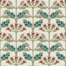Turquoise & Red Tracery Blooms Wallpaper