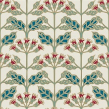 Turquoise & Red Tracery Blooms Wallpaper