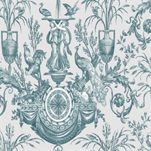 Turquoise Rooster & Chicken Fountain Toile Wallpaper