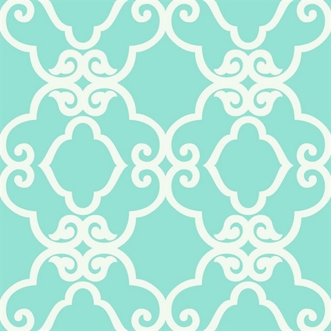 Turquoise & White Commercial Scroll Trellis Wallpaper