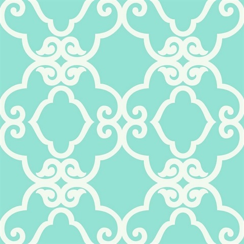 Turquoise & White Commercial Scroll Trellis Wallpaper