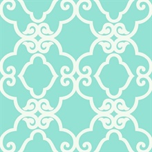 Turquoise & White Commercial Scroll Trellis Wallpaper