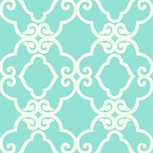 Turquoise & White Commercial Scroll Trellis Wallpaper