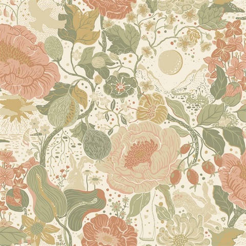 Växa Green Rabbit & Rosehips Floral Wallpaper