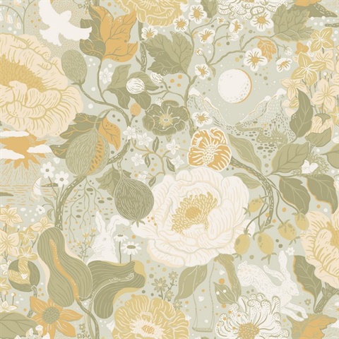 Växa Light Grey Rabbit & Rosehips Floral Wallpaper