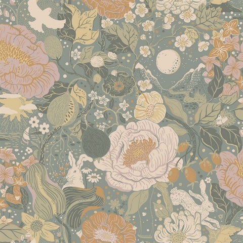 Växa Slate Rabbit & Rosehips Floral Wallpaper