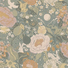 Växa Slate Rabbit & Rosehips Floral Wallpaper