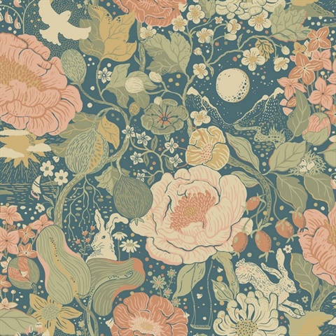 Växa Teal Rabbit & Rosehips Floral Wallpaper