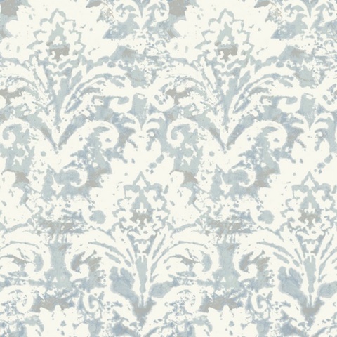 Velvet Crush Damask Blue & Pearl Metallic Distressed Wallpaper