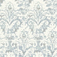 Velvet Crush Damask Blue &amp; Pearl Metallic Distressed Wallpaper