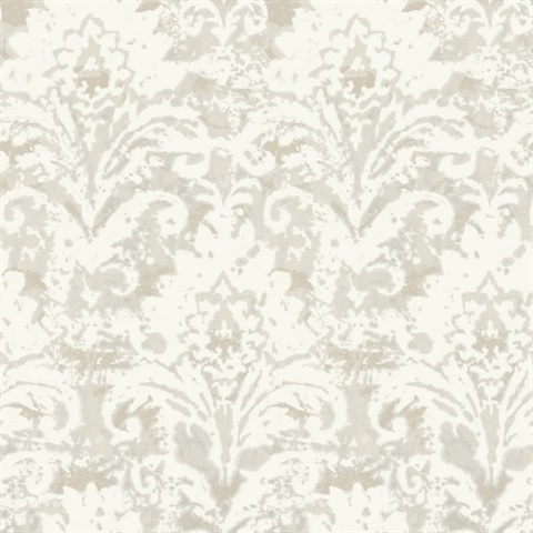 Velvet Crush Damask Cream & Pearl Metallic Distressed Wallpaper