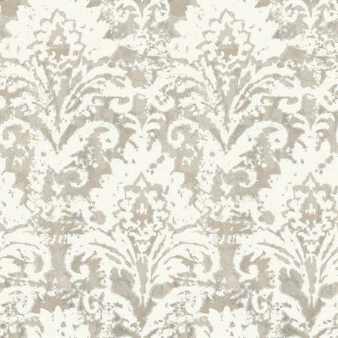 Velvet Crush Damask Soft Neutral & Pearl Metallic Distressed Wallpaper