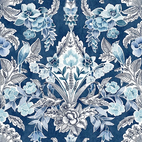 Vera Blue Retro Floral Damask Wallpaper